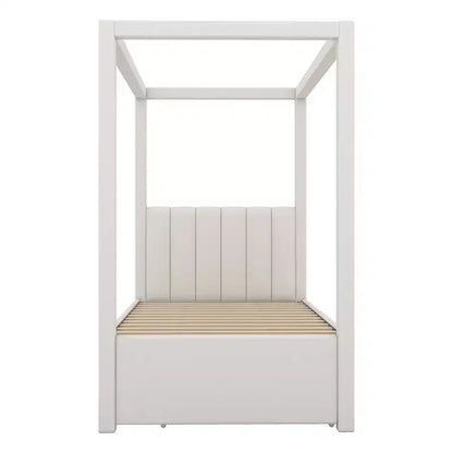 Lit à plateforme à baldaquin tapissé de lin 137 x 191 cm avec lit gigogne et trois tiroirs de rangement – Sanzelize Design