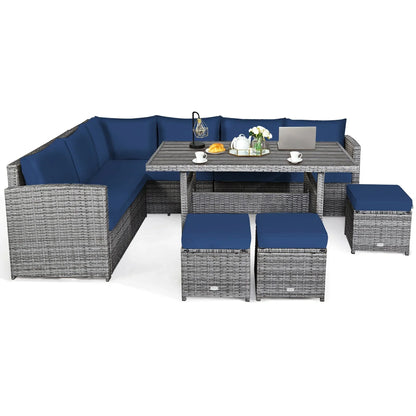 Ensemble de salle à manger 7 pièces en rotin pour terrasse, canapé sectionnel et pouf - Voir détails – Sanzelize Design
