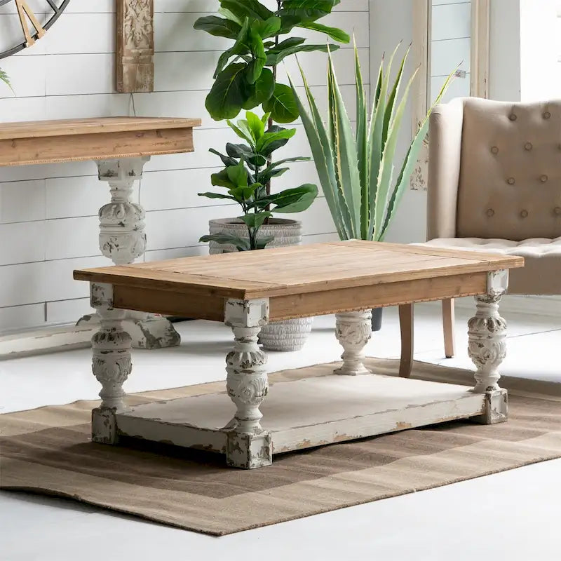 Table basse rectangulaire en bois blanc vieilli – Sanzelize Design