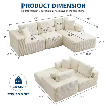 Canapé moderne 274 cm, canapé 3 places rembourré en forme de L avec oreillers, canapé à assise profonde – Sanzelize Design