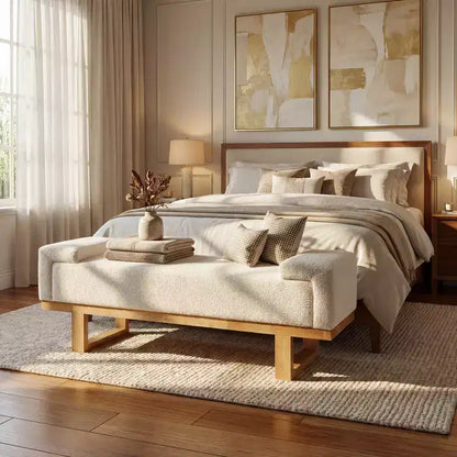 Banc rembourré Paulina moderne en bois d'hévéa et tissu bouclé – Sanzelize Design