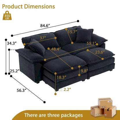 Canapé 2 places avec 2 coussins de siège, 2 oreillers et 2 poufs, canapé confortable - Canapé profond de salon – Sanzelize Design