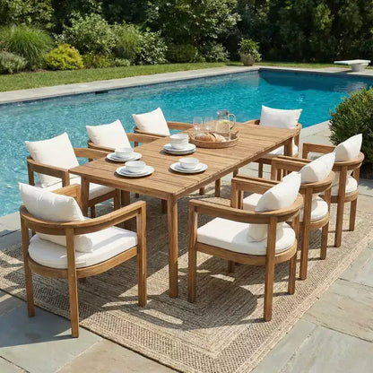 Ensemble de salle à manger d'extérieur rustique Irene 9 pièces en bois d'acacia avec chaises à dossier incurvé et – Sanzelize Design