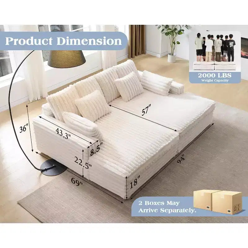 Canapé double méridienne 236 cm pour deux, canapé nuage avec assise profonde, coussins lombaires et accoudoirs larges – Sanzelize Design