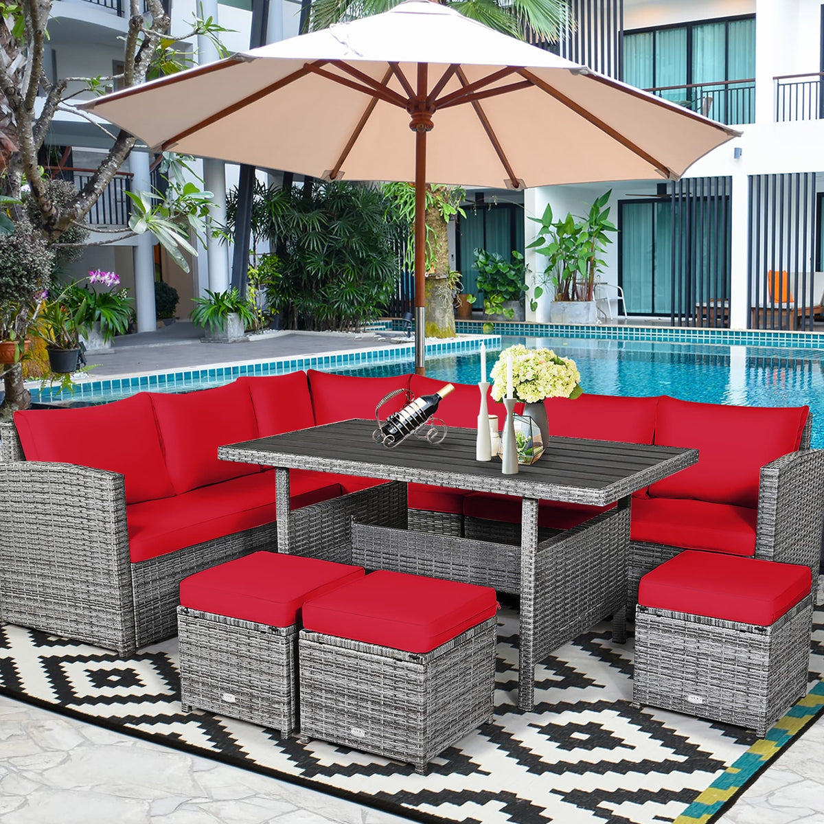 Ensemble de salle à manger 7 pièces en rotin pour terrasse, canapé sectionnel et pouf - Voir détails – Sanzelize Design