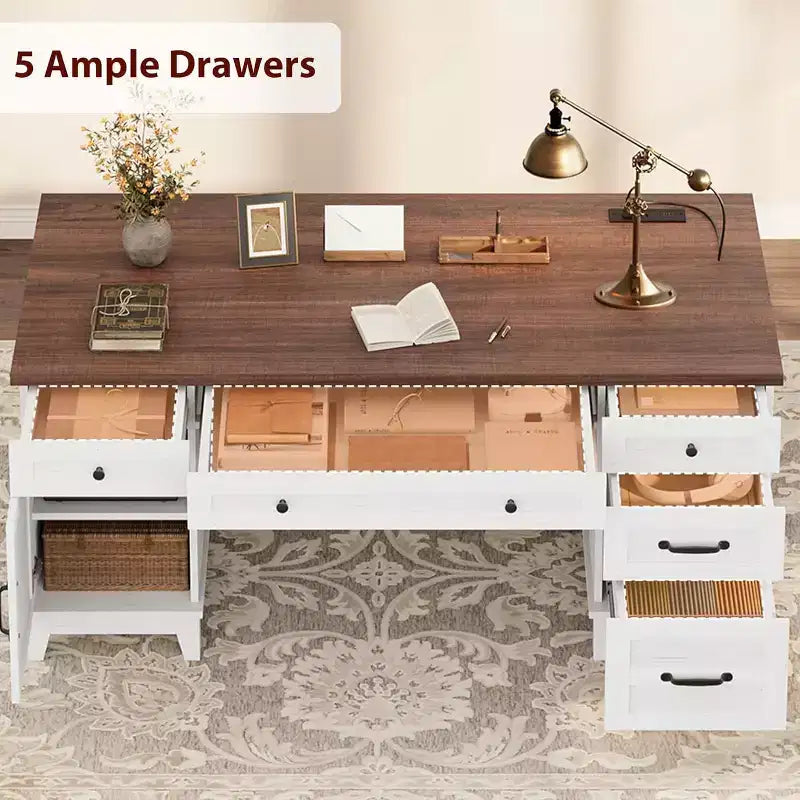 Bureau de direction de 152 cm avec tiroirs, bureau d'ordinateur avec station de charge – Sanzelize Design
