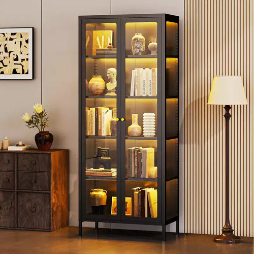 Vitrine 170 cm en Verre à 3 Côtés avec Lumières LED, Rangement à 5 Niveaux avec Double Porte et Cadre Métallique pour – Sanzelize Design