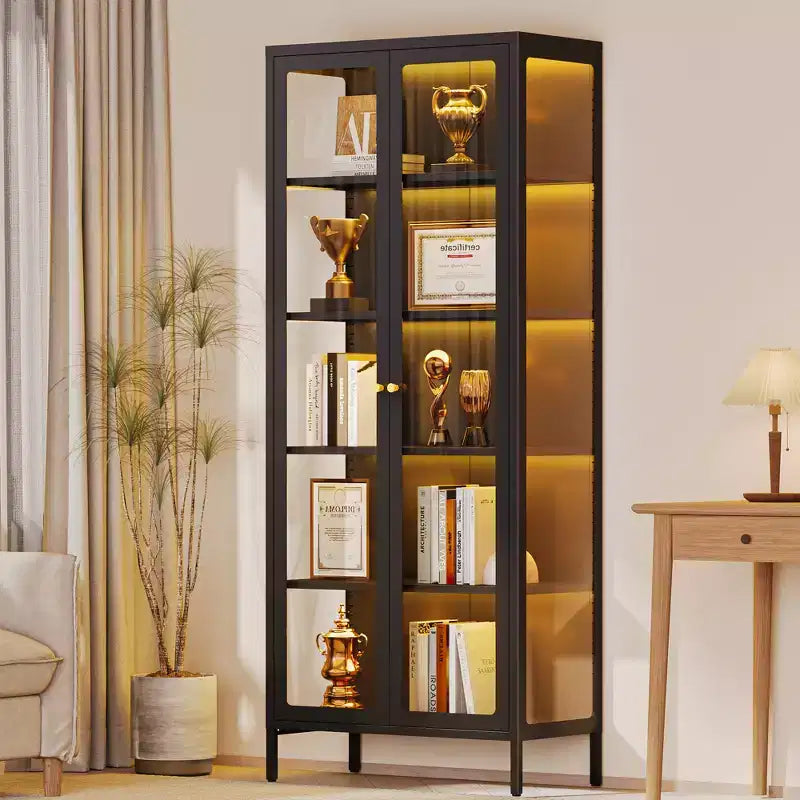 Vitrine 170 cm en Verre à 3 Côtés avec Lumières LED, Rangement à 5 Niveaux avec Double Porte et Cadre Métallique pour – Sanzelize Design