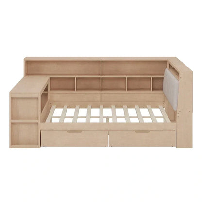 Canapé-lit d'angle en bois en forme de L avec bureau, bibliothèque, lit d'angle avec tiroirs de rangement – Sanzelize Design