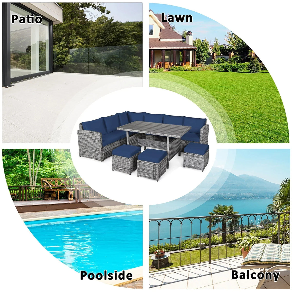 Ensemble de salle à manger 7 pièces en rotin pour terrasse, canapé sectionnel et pouf - Voir détails – Sanzelize Design