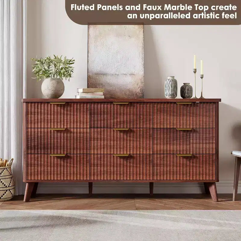 Commode cannelée à 9 tiroirs, commode moderne, meuble TV en bois, design à profil incurvé, pour salon, couloir – Sanzelize Design