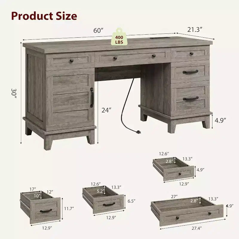 Bureau de direction de 152 cm avec tiroirs, bureau d'ordinateur avec station de charge – Sanzelize Design