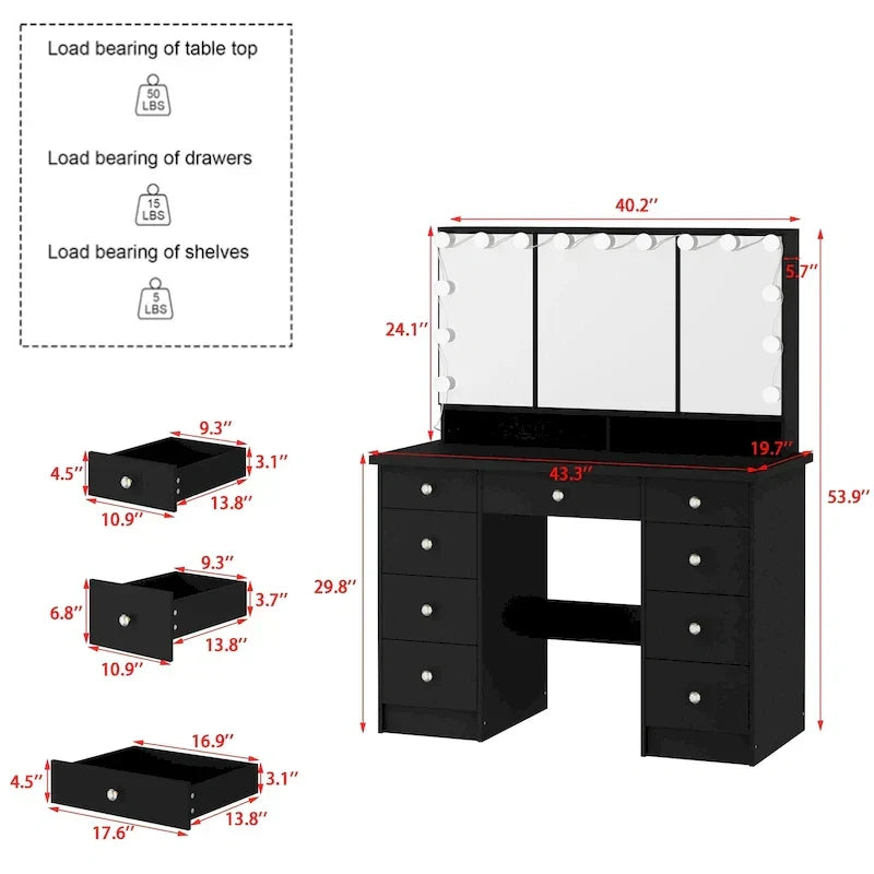 Coiffeuse LED de luxe avec 9 tiroirs, station de maquillage élégante – Sanzelize Design