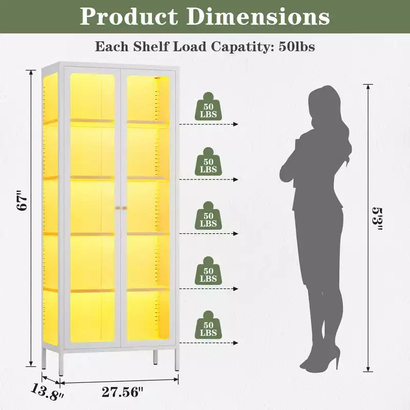Vitrine 170 cm en Verre à 3 Côtés avec Lumières LED, Rangement à 5 Niveaux avec Double Porte et Cadre Métallique pour – Sanzelize Design