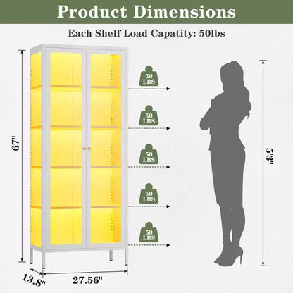 Vitrine 170 cm en Verre à 3 Côtés avec Lumières LED, Rangement à 5 Niveaux avec Double Porte et Cadre Métallique pour – Sanzelize Design