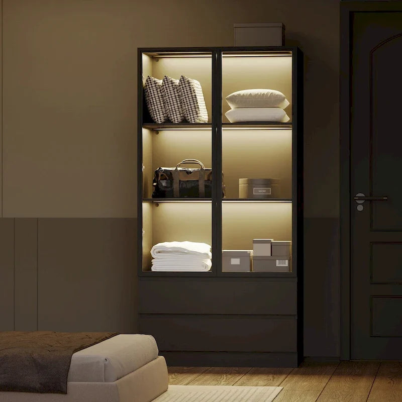 Vitrine de rangement, vitrine avec portes en verre trempé, vitrine avec 4 étagères de rangement – Sanzelize Design
