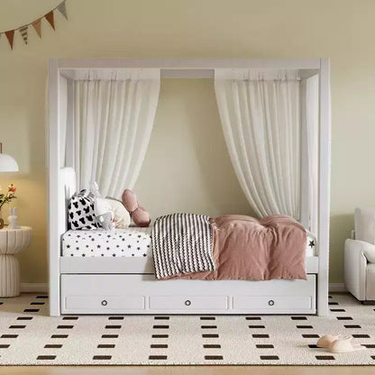 Lit à plateforme à baldaquin tapissé de lin 137 x 191 cm avec lit gigogne et trois tiroirs de rangement – Sanzelize Design