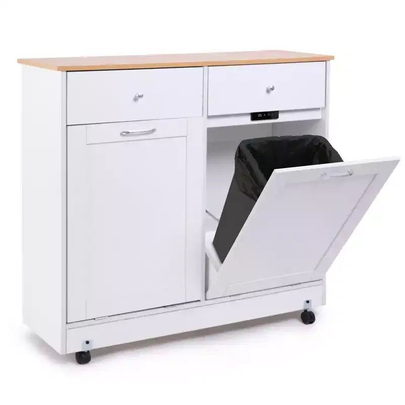 Meuble de cuisine à double inclinaison avec 2 tiroirs, meuble poubelle avec rangement sur roulettes, blanc – Sanzelize Design