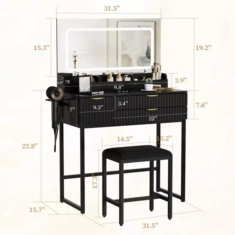 Coiffeuse avec miroir et lumières, miroir lumineux à LED, tiroirs de rangement spacieux pour produits cosmétiques et – Sanzelize Design