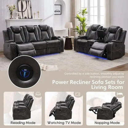 Canapé inclinable électrique avec chargeur sans fil, liseuse pour salon, lumière LED en similicuir, port AC/USB – Sanzelize Design