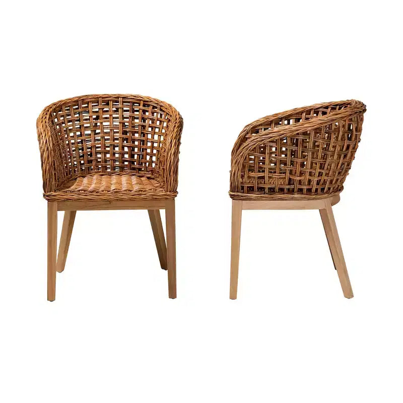 Mario Ensemble de 2 chaises de salle à manger modernes de style bohème en teck et rotin, finition marron naturel – Sanzelize Design