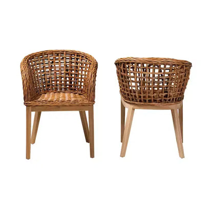 Mario Ensemble de 2 chaises de salle à manger modernes de style bohème en teck et rotin, finition marron naturel – Sanzelize Design