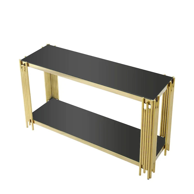 Console étroite à 2 niveaux avec structure en métal doré et plateau en verre trempé – Sanzelize Design