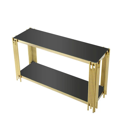Console étroite à 2 niveaux avec structure en métal doré et plateau en verre trempé – Sanzelize Design
