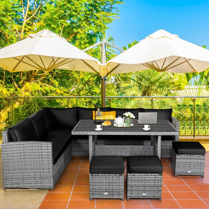 Ensemble de salle à manger 7 pièces en rotin pour terrasse, canapé sectionnel et pouf - Voir détails – Sanzelize Design