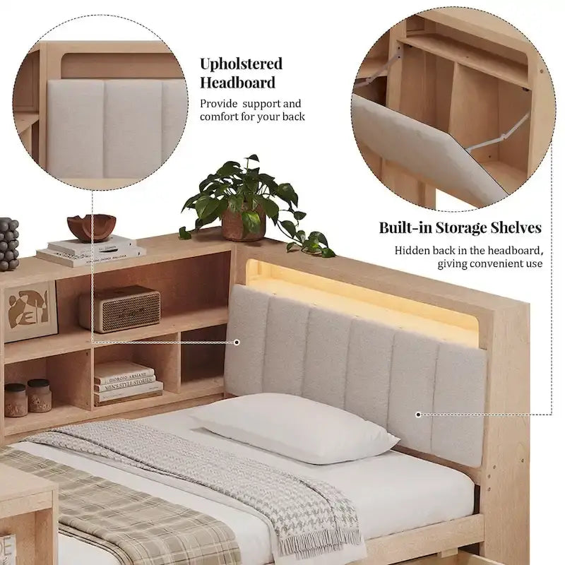 Canapé-lit d'angle en bois en forme de L avec bureau, bibliothèque, lit d'angle avec tiroirs de rangement – Sanzelize Design