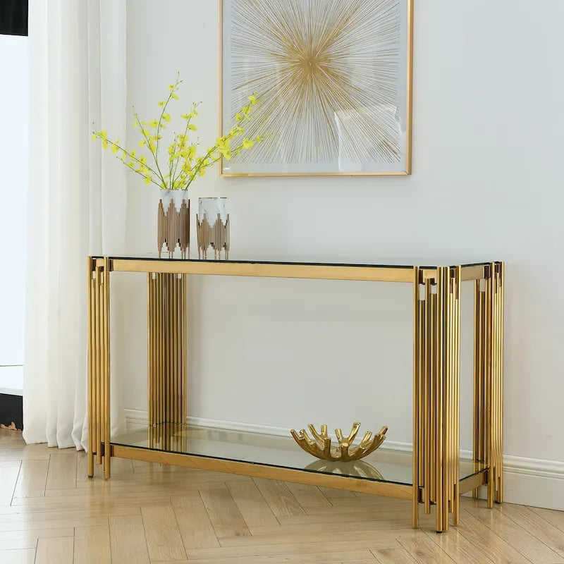Console étroite à 2 niveaux avec structure en métal doré et plateau en verre trempé – Sanzelize Design