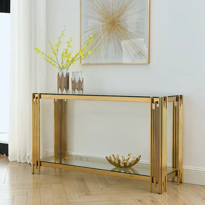 Console étroite à 2 niveaux avec structure en métal doré et plateau en verre trempé – Sanzelize Design