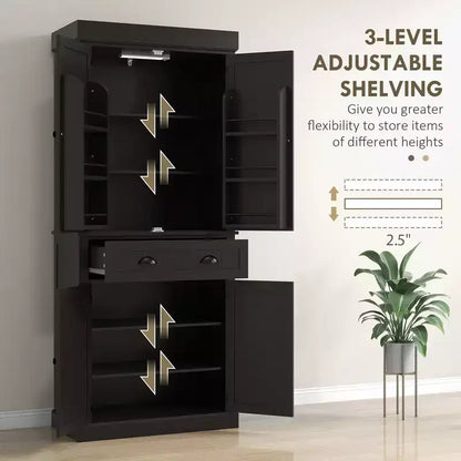 Garde-manger de cuisine de 180 cm avec lumières DEL, 6 tablettes de porte, un tiroir et 4 tablettes réglables – Sanzelize Design