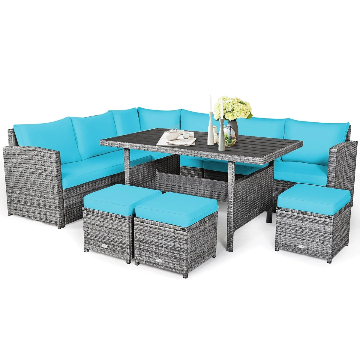 Ensemble de salle à manger 7 pièces en rotin pour terrasse, canapé sectionnel et pouf - Voir détails – Sanzelize Design