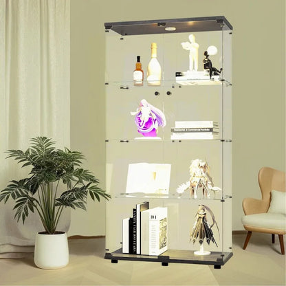 Vitrine en verre éclairée à deux portes avec 4 étagères, noire – Sanzelize Design