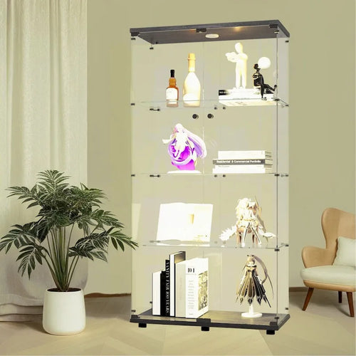 Vitrine en verre éclairée à deux portes avec 4 étagères, noire – Sanzelize Design