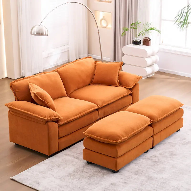 Canapé 2 places avec 2 coussins de siège, 2 oreillers et 2 poufs, canapé confortable - Canapé profond de salon – Sanzelize Design