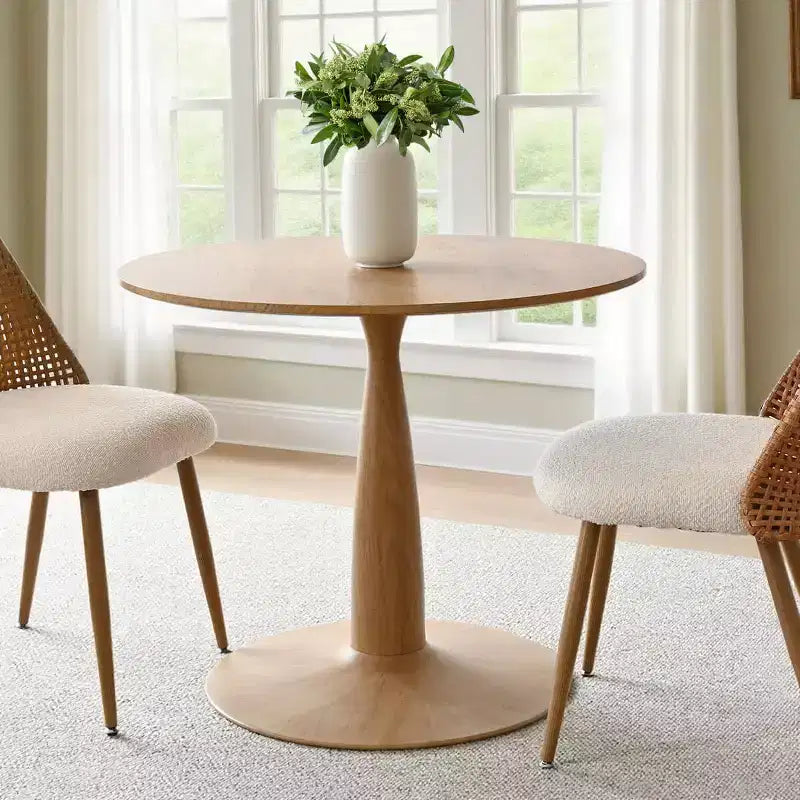 Table à manger ronde moderne avec piédestal, finition grain de bois – Sanzelize Design