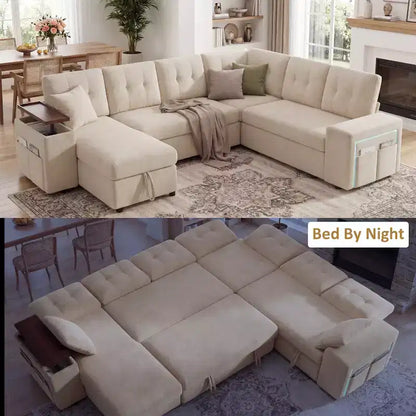 Canapé modulaire 284 cm convertible avec lit gigogne, canapé d'angle en U avec rangement – Sanzelize Design