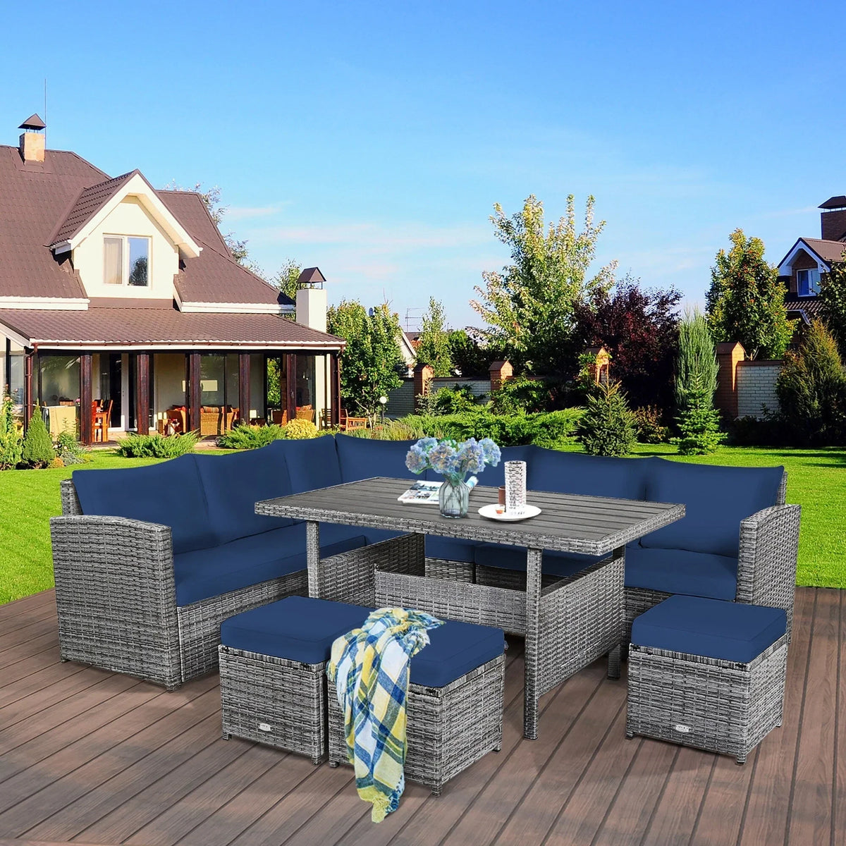 Ensemble de salle à manger 7 pièces en rotin pour terrasse, canapé sectionnel et pouf - Voir détails – Sanzelize Design