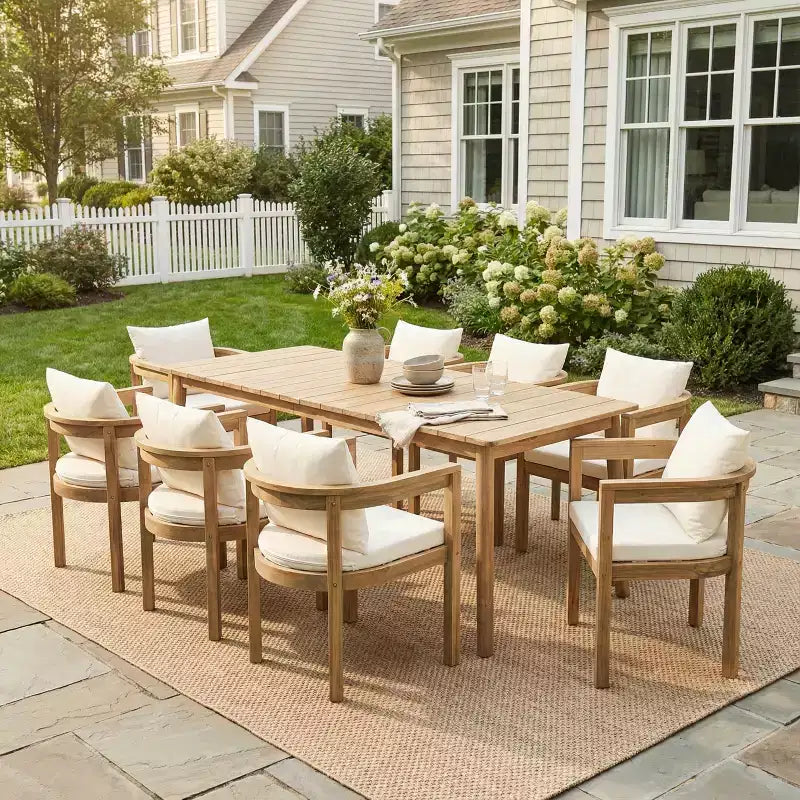 Ensemble de salle à manger d'extérieur rustique Irene 9 pièces en bois d'acacia avec chaises à dossier incurvé et – Sanzelize Design