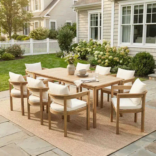 Ensemble de salle à manger d'extérieur rustique Irene 9 pièces en bois d'acacia avec chaises à dossier incurvé et – Sanzelize Design