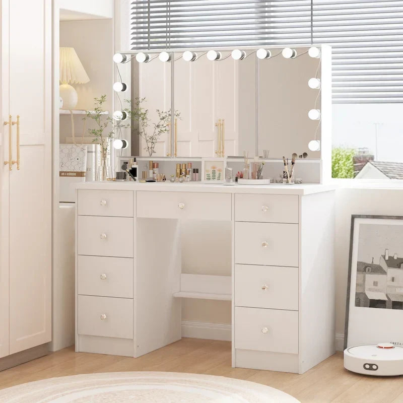 Coiffeuse LED de luxe avec 9 tiroirs, station de maquillage élégante – Sanzelize Design
