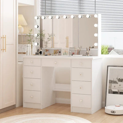 Coiffeuse LED de luxe avec 9 tiroirs, station de maquillage élégante – Sanzelize Design