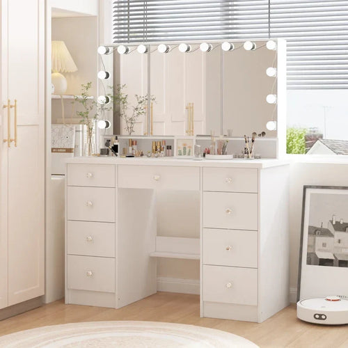 Coiffeuse LED de luxe avec 9 tiroirs, station de maquillage élégante – Sanzelize Design