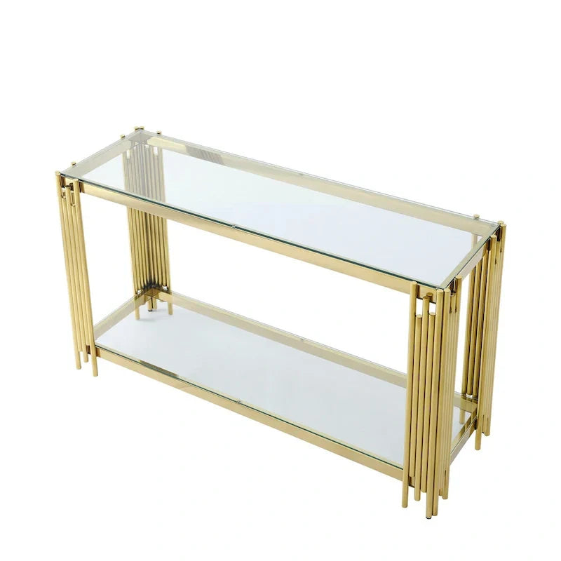 Console étroite à 2 niveaux avec structure en métal doré et plateau en verre trempé – Sanzelize Design