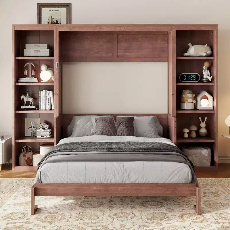 Lit escamotable grand lit/deux places avec bureau et étagère, brun foncé – Sanzelize Design