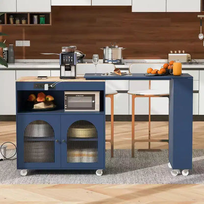 Îlot de cuisine roulant avec 2 portes en verre, Desserte de cuisine avec table extensible et prises de courant – Sanzelize Design