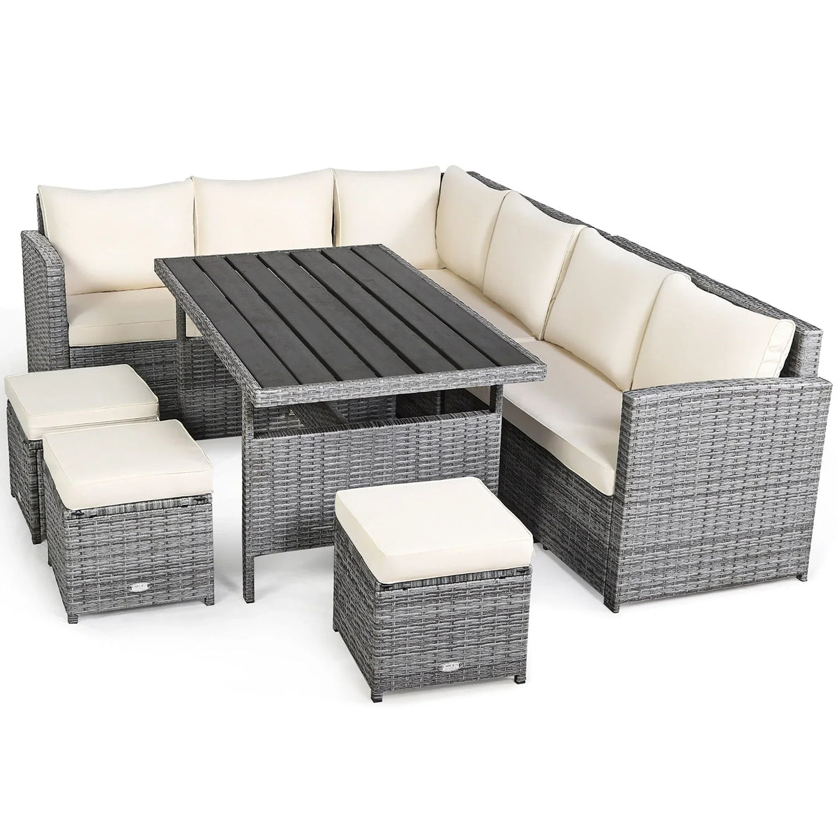 Ensemble de salle à manger 7 pièces en rotin pour terrasse, canapé sectionnel et pouf - Voir détails – Sanzelize Design