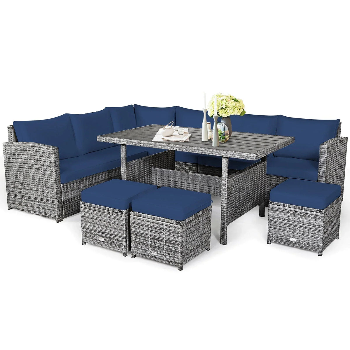 Ensemble de salle à manger 7 pièces en rotin pour terrasse, canapé sectionnel et pouf - Voir détails – Sanzelize Design
